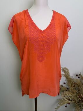 Aryne Size Medium 100% Silk Embroidered Boho Short Sleeve Top – Sunset Orange